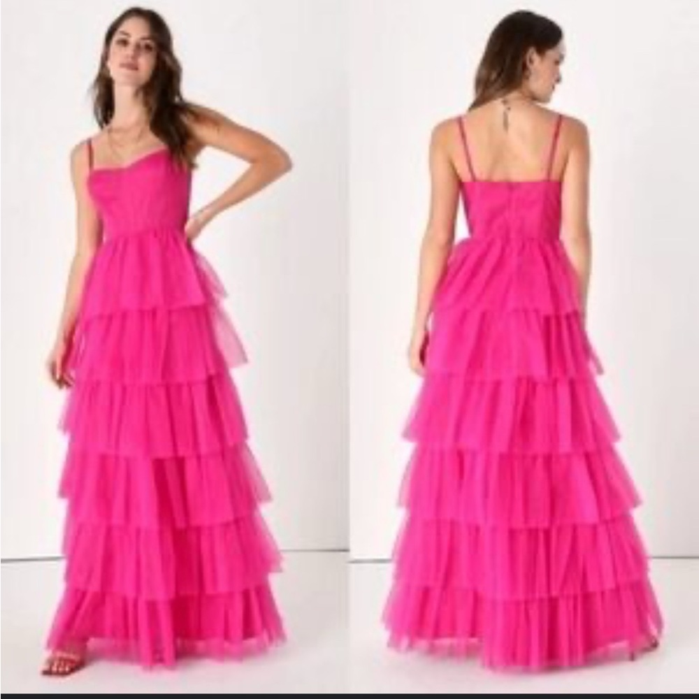 Lulus Rule The Runway Hot Pink Prom Tulle Bustier Tiered Maxi Dress - Size XS